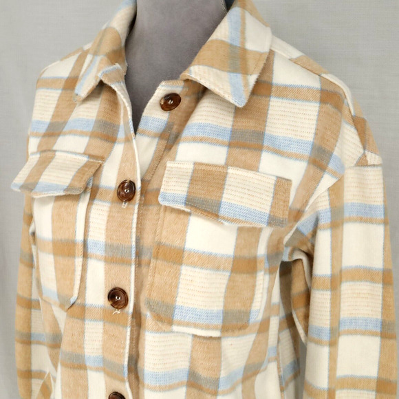 Avec Les Filles Jacket Womens XS Beige Ivory Blue Plaid Flannel Top Shacket New - Picture 11 of 16